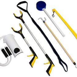7-Piece Hip Knee Replacement Kit with Leg Lifter, 19 and 32 inch Rotating Reacher Grabber, Long Handle Shoe Horn, Sock Aid, Dressing Stick, Bath Sponge - Ideal for Knee or Back Surgery Recovery